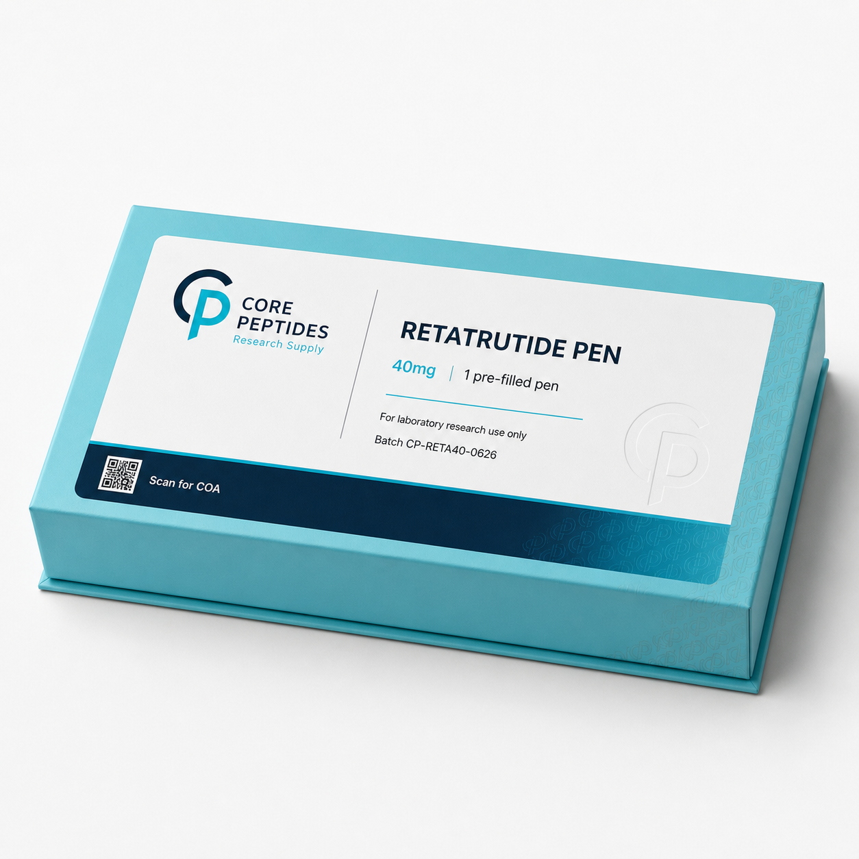 Core Peptides Retatrutide Pen 40mg closed turquoise presentation box