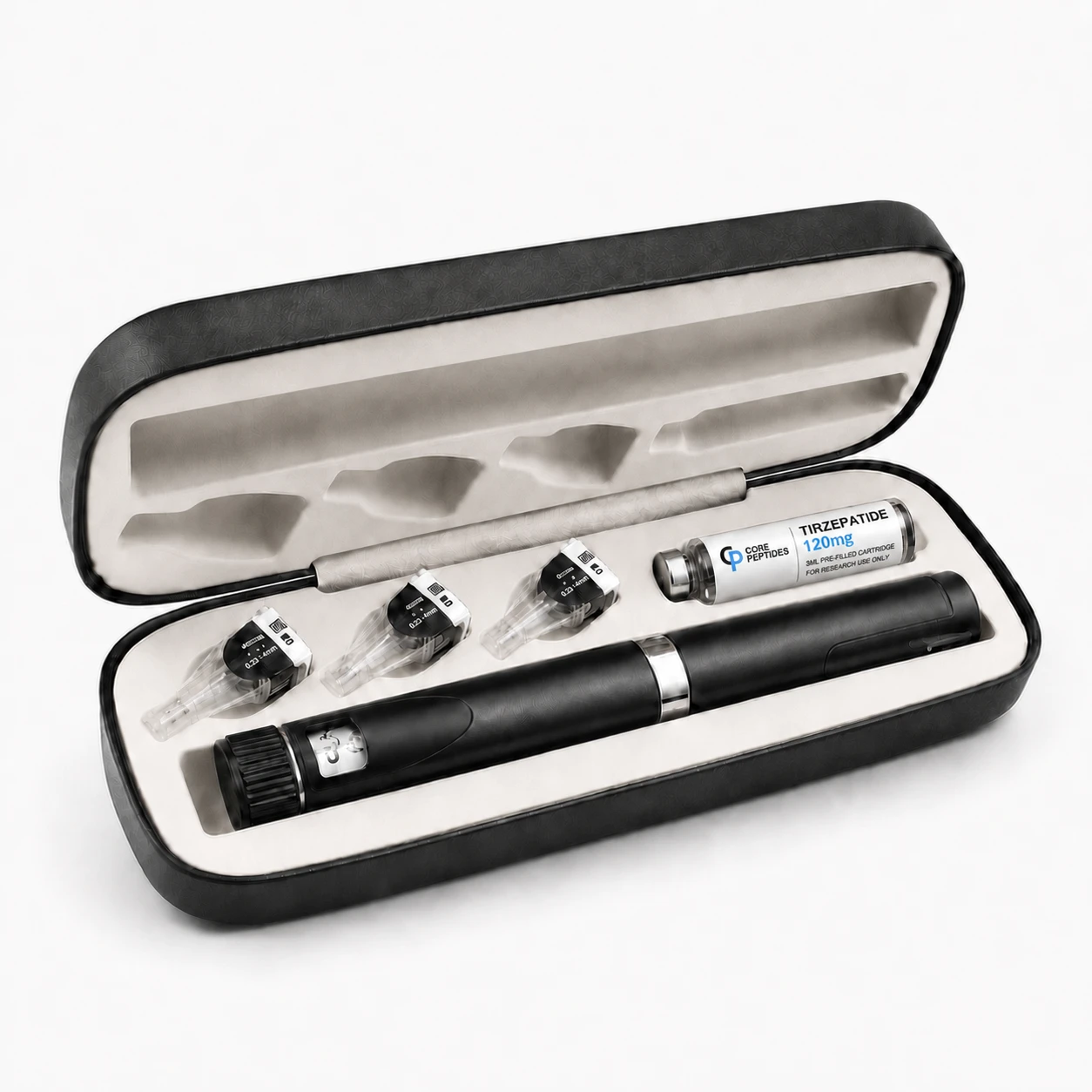 Core Peptides Tirzepatide 120mg pre-filled cartridge with reusable black pen and case