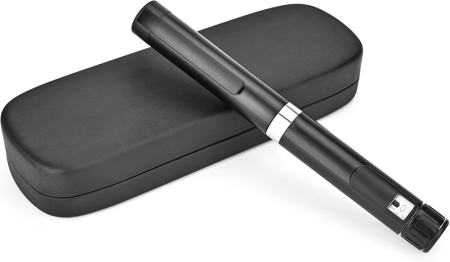 Black V4 reusable research pen with a black protective case